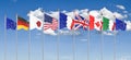 45th G7 summit , August 24Ã¢â¬â26, 2019 in Biarritz, Nouvelle-Aquitaine, France. 7 flags of countries of Group of Seven - Canada,